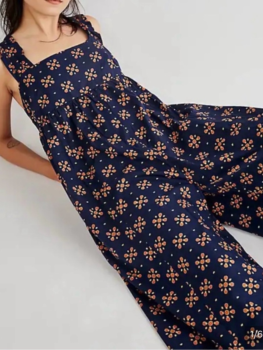 Free People Navy Floral Square-Neck Wide-Leg Jumpsuit